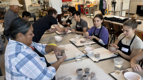 Jemez potters Wilma Tosa and Aaron Tosa instruct students of GenEd 1105 in hand-building of pottery during a section of the GenEd course “Can We Know Our Past?”
